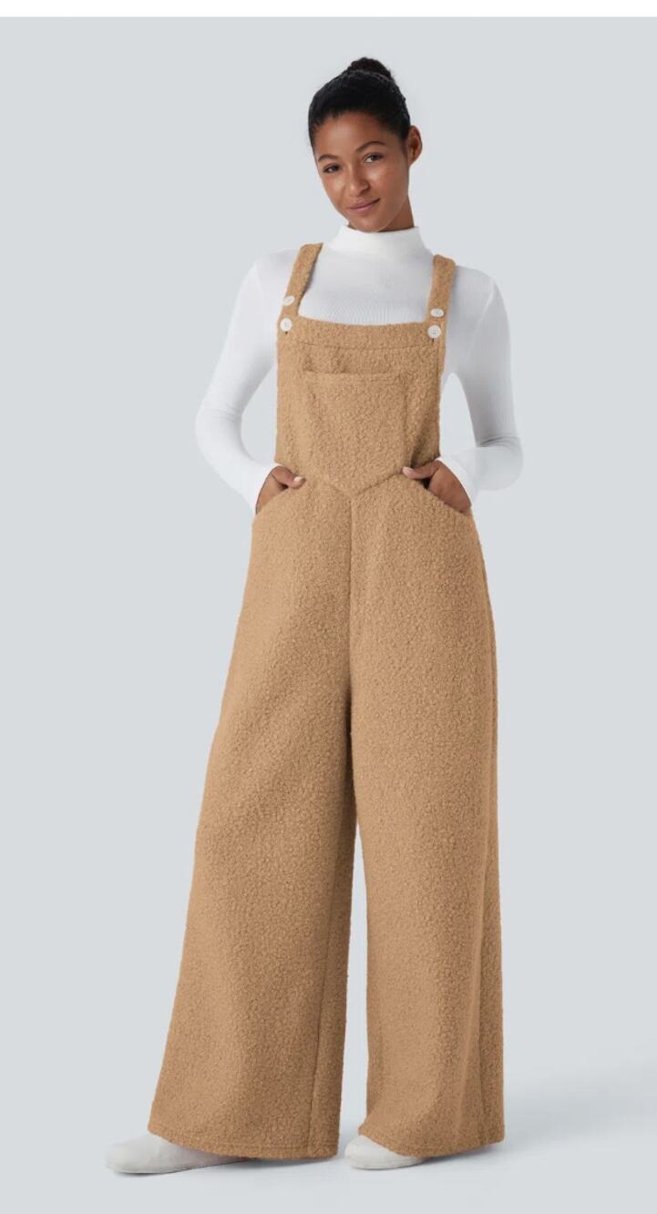 Halara Teddy Fuzzy Loopy Fleece Wide Leg Overalls Bibs Tan sz XL